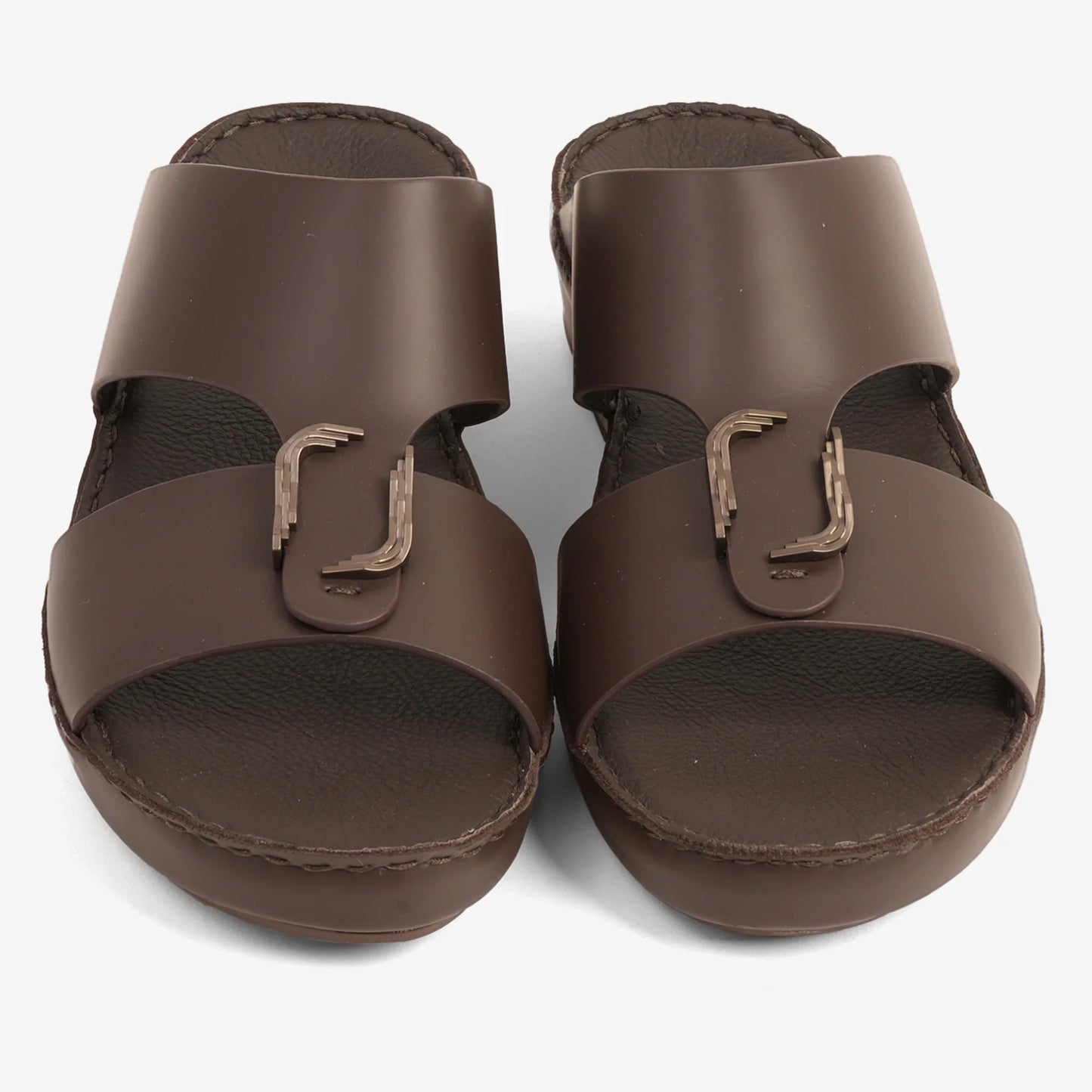 FARADA MODERN LEATHER ARABIC SANDALS WITH BRASS DOUBLE F TRIM BROWN