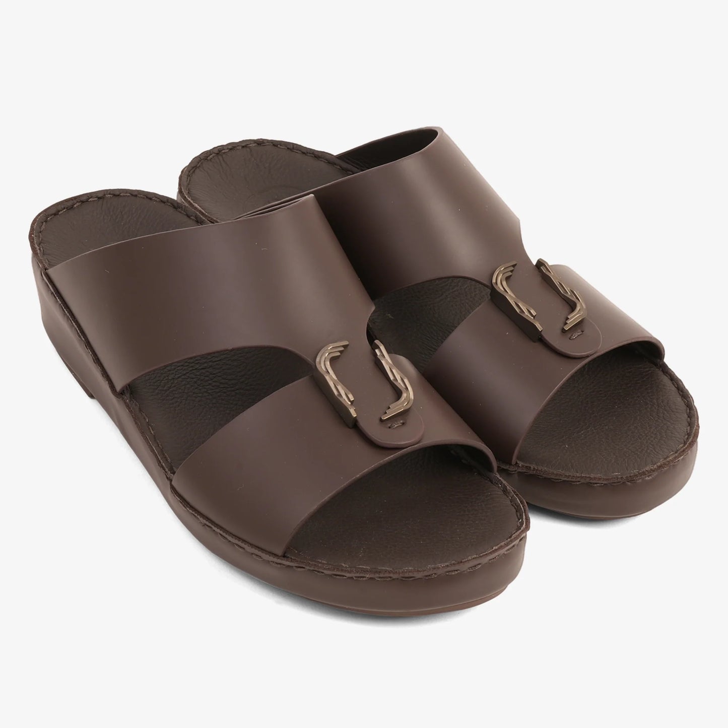 FARADA MODERN LEATHER ARABIC SANDALS WITH BRASS DOUBLE F TRIM BROWN