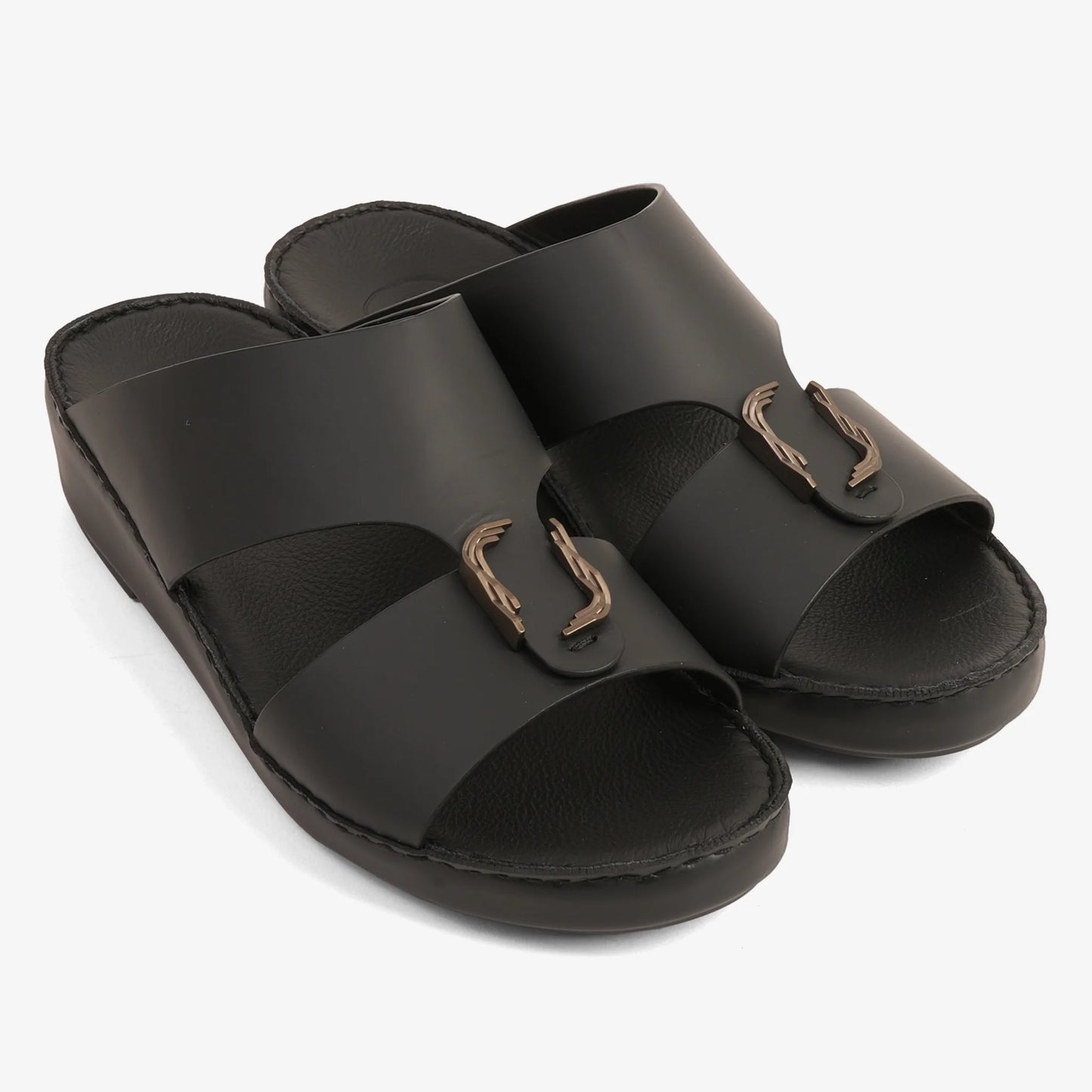 FARADA MODERN LEATHER ARABIC SANDALS WITH BRASS DOUBLE F TRIM BLACK