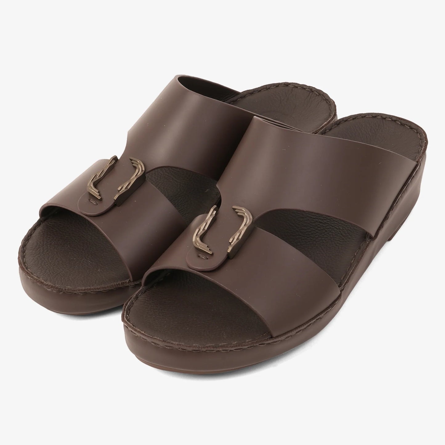 FARADA MODERN LEATHER ARABIC SANDALS WITH BRASS DOUBLE F TRIM BROWN