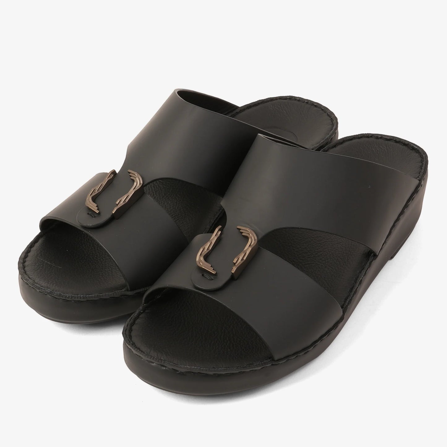 FARADA MODERN LEATHER ARABIC SANDALS WITH BRASS DOUBLE F TRIM BLACK