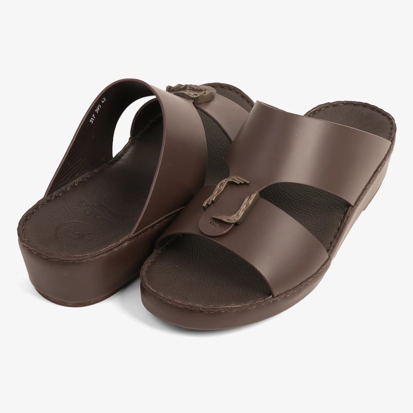 FARADA MODERN LEATHER ARABIC SANDALS WITH BRASS DOUBLE F TRIM BROWN