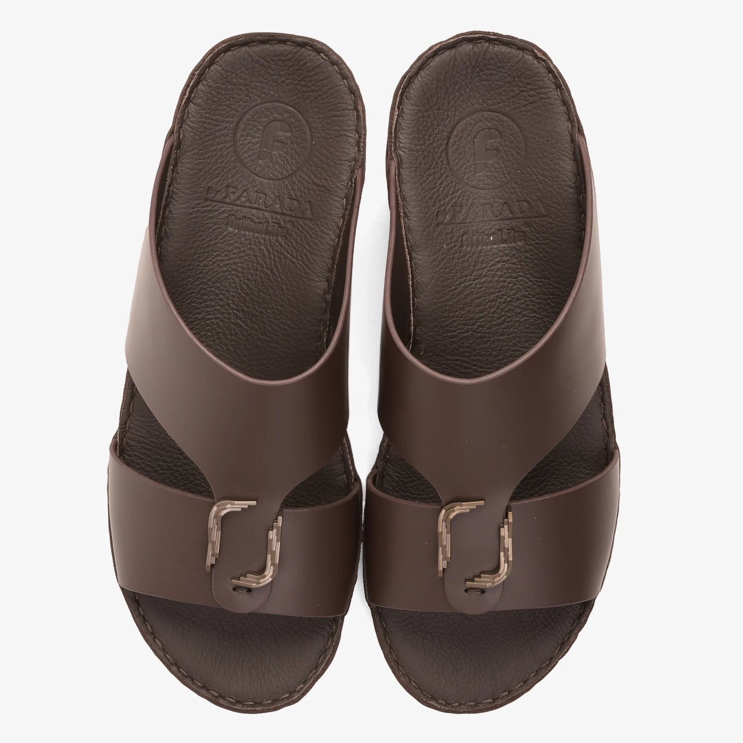 FARADA MODERN LEATHER ARABIC SANDALS WITH BRASS DOUBLE F TRIM BROWN