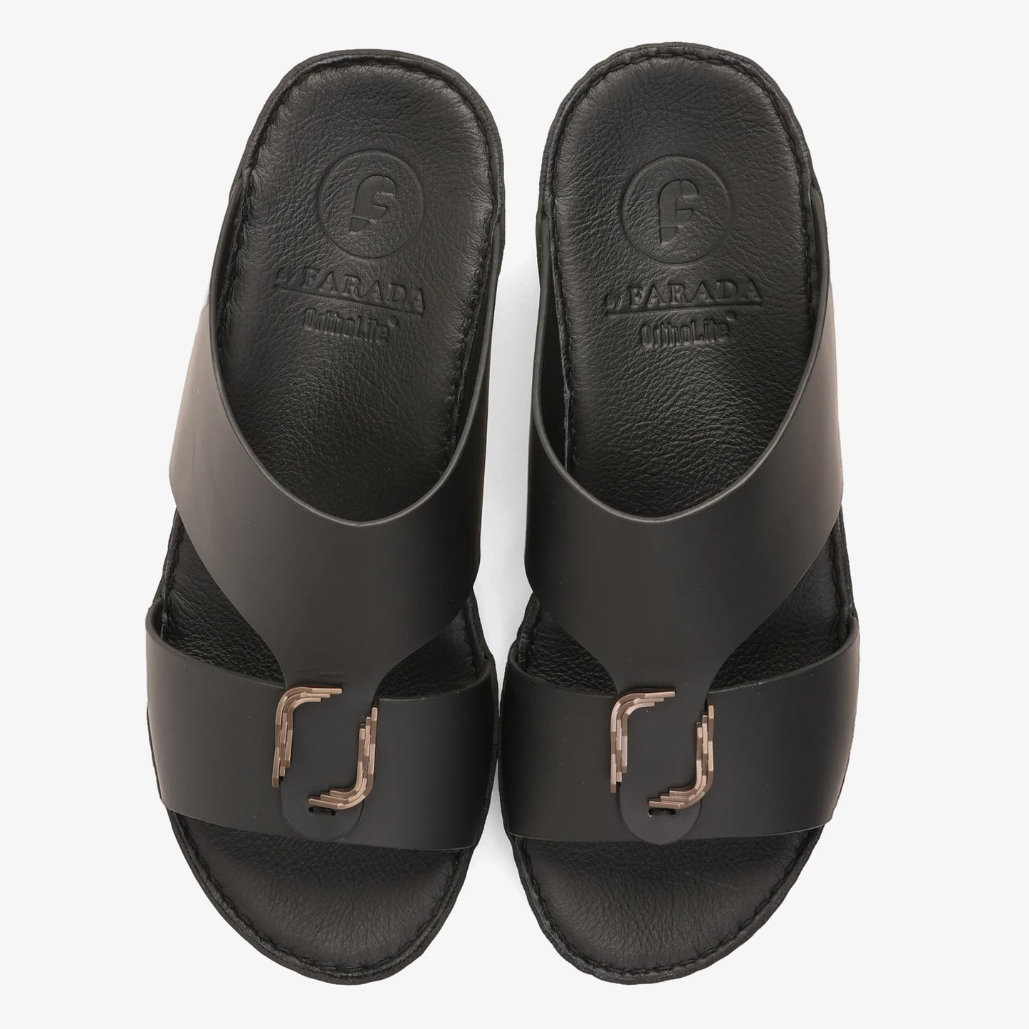 FARADA MODERN LEATHER ARABIC SANDALS WITH BRASS DOUBLE F TRIM BLACK