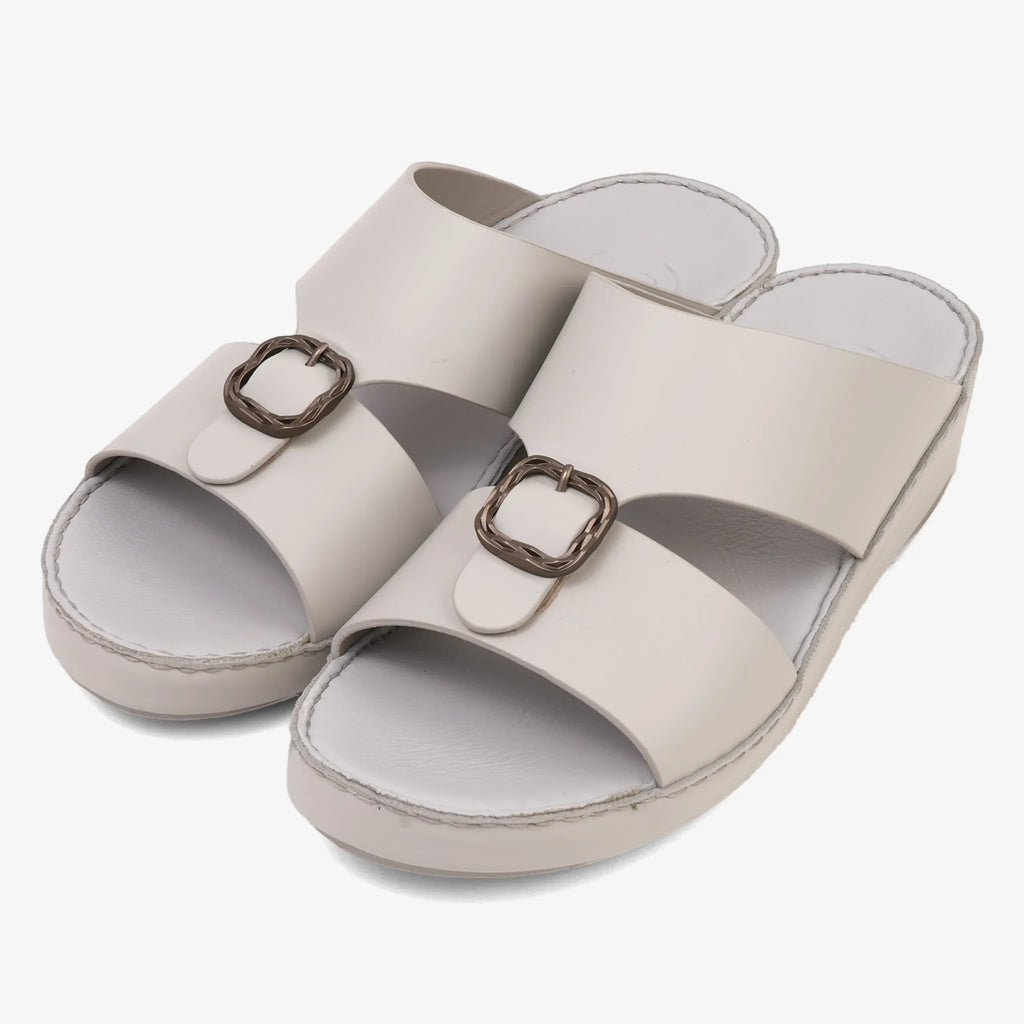 FARADA DA VINCI BRASS ICONIC DOUBLE F TRIM ARABIC SANDALS LIGHT GREY