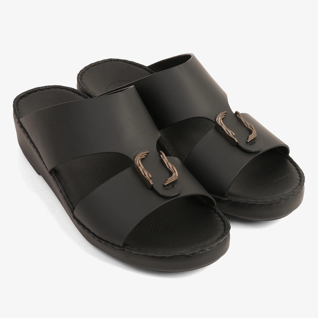 FARADA MODERN LEATHER ARABIC SANDALS WITH BRASS DOUBLE F TRIM BLACK