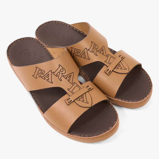 FARADA MODERN LEATHER SANDALS WITH EMBOSED LOGO CUOIO