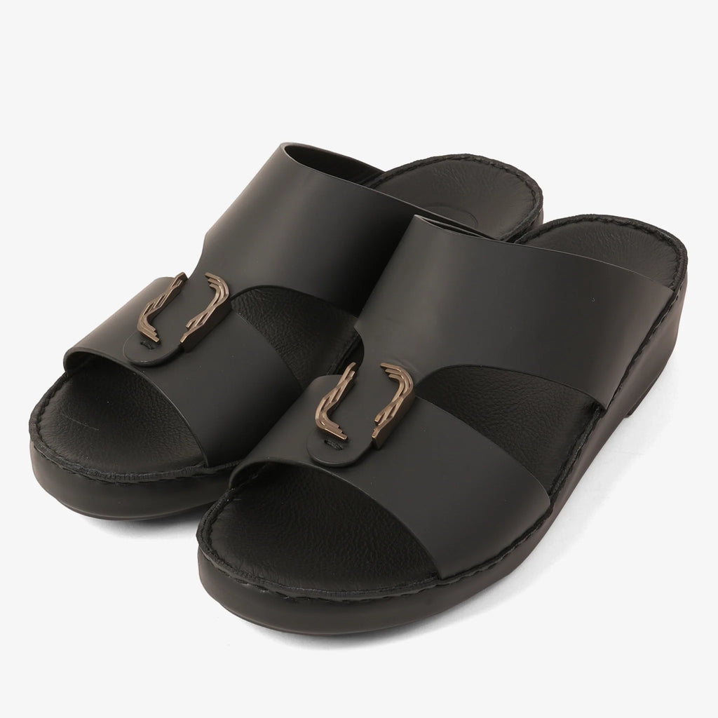 FARADA MODERN LEATHER ARABIC SANDALS WITH BRASS DOUBLE F TRIM BLACK