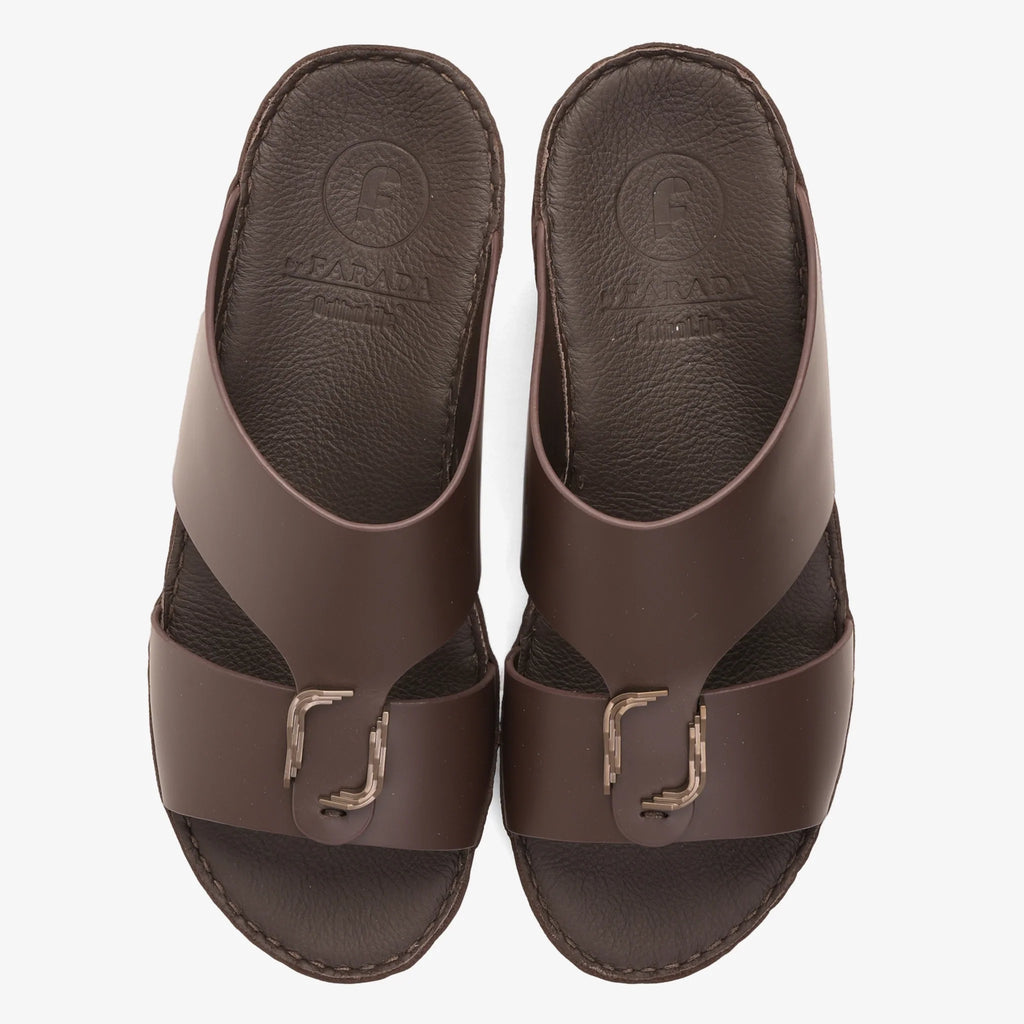 FARADA MODERN LEATHER ARABIC SANDALS WITH BRASS DOUBLE F TRIM BROWN