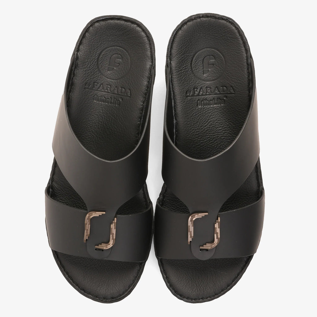 FARADA MODERN LEATHER ARABIC SANDALS WITH BRASS DOUBLE F TRIM BLACK