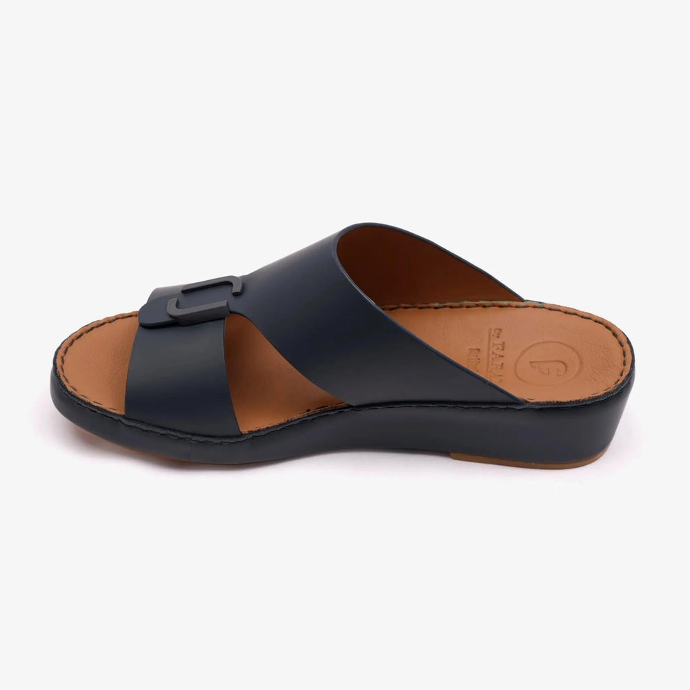 FARADA MATTE LEATHER SLIM ICONIC DOUBLE F TRIM ARABIC SANDAL NAVY - Farada