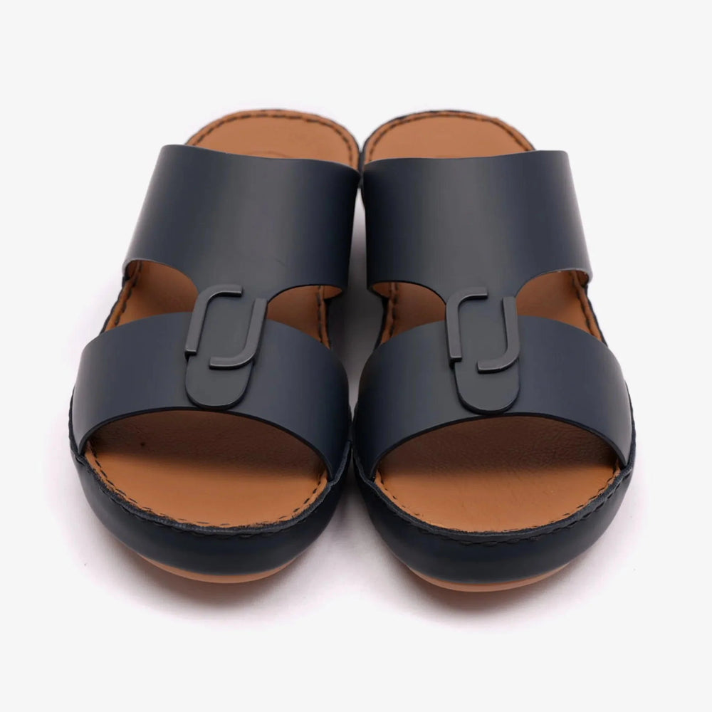 FARADA MATTE LEATHER SLIM ICONIC DOUBLE F TRIM ARABIC SANDAL NAVY - Farada