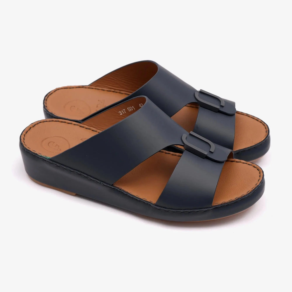 FARADA MATTE LEATHER SLIM ICONIC DOUBLE F TRIM ARABIC SANDAL NAVY - Farada