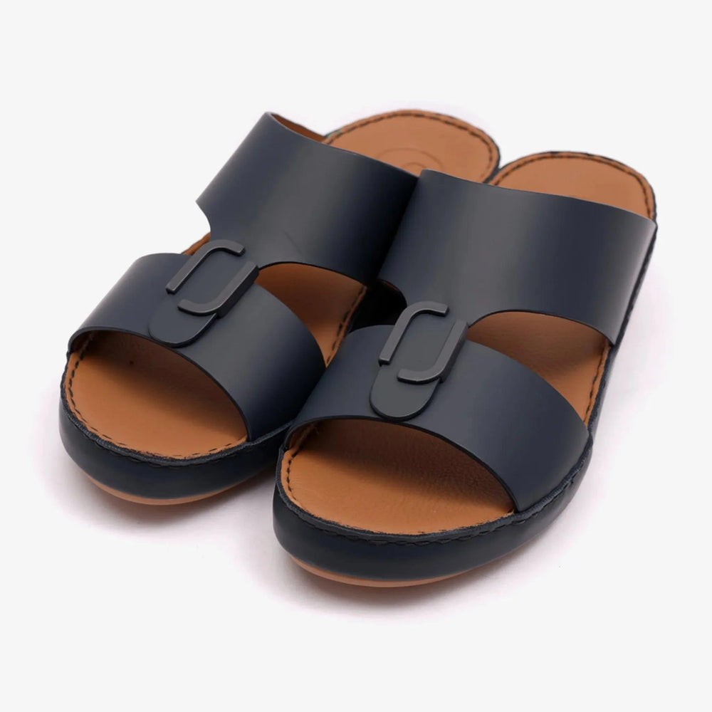 FARADA MATTE LEATHER SLIM ICONIC DOUBLE F TRIM ARABIC SANDAL NAVY - Farada