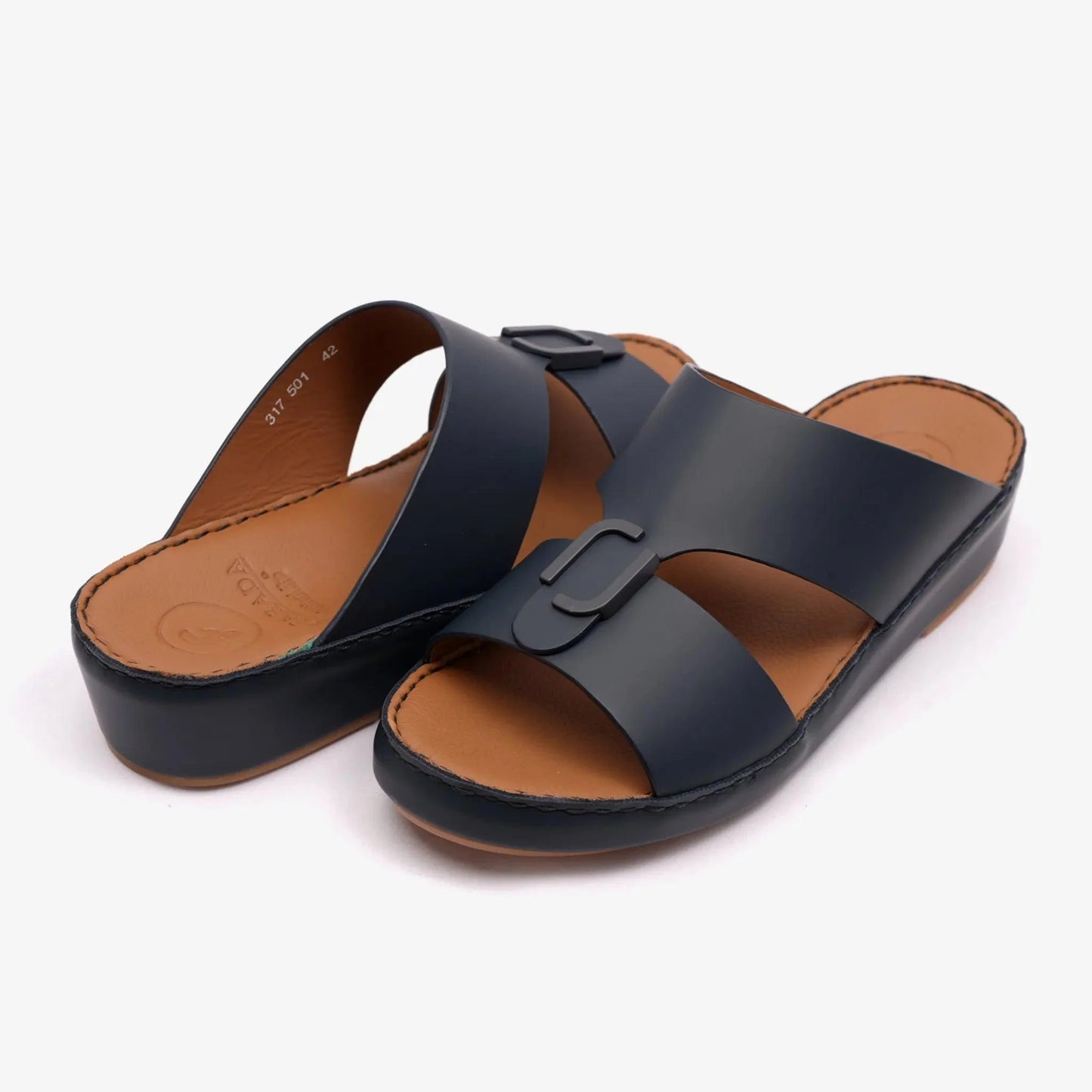 FARADA MATTE LEATHER SLIM ICONIC DOUBLE F TRIM ARABIC SANDAL NAVY - Farada