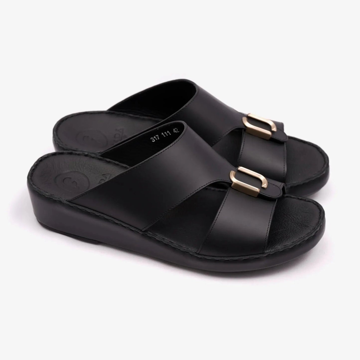 FARADA DA-VINCI BRASS IOCONIC DOUBLE F TRIM ARABIC SANDALS BLACK - Farada