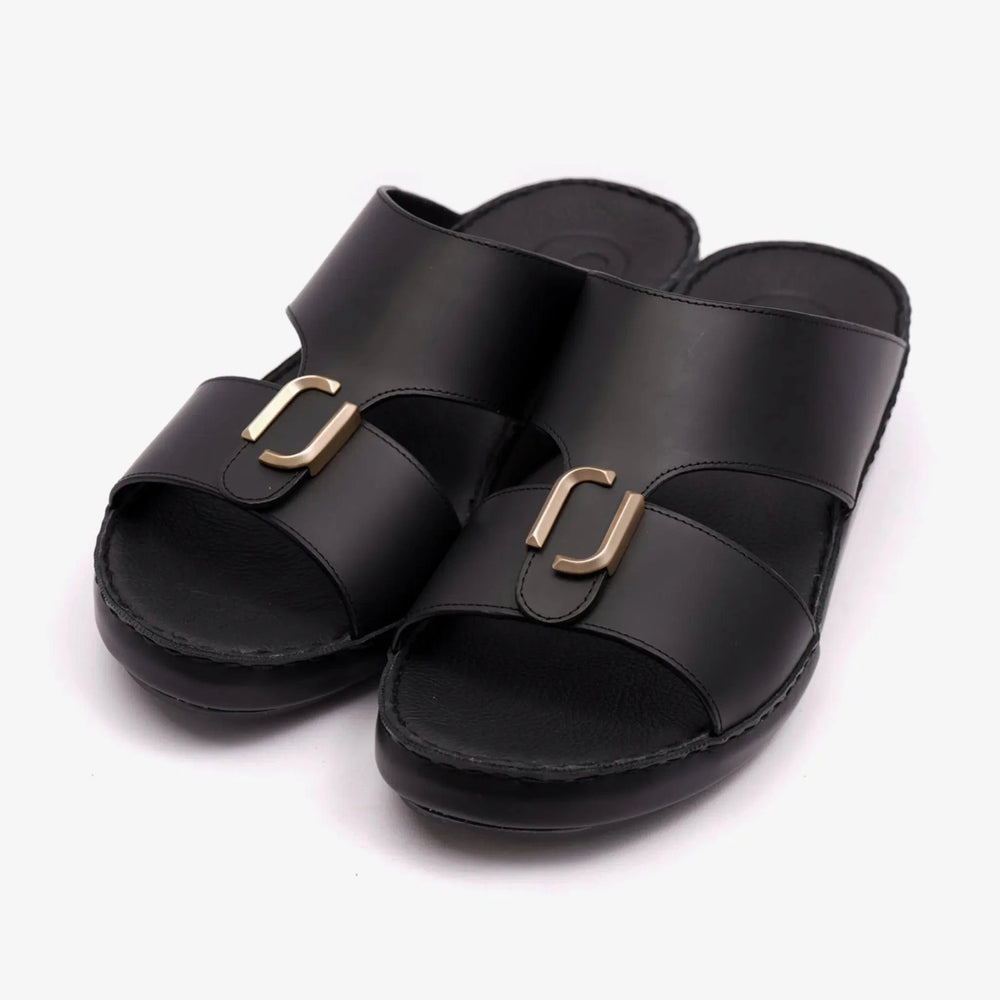 FARADA DA-VINCI BRASS IOCONIC DOUBLE F TRIM ARABIC SANDALS BLACK - Farada