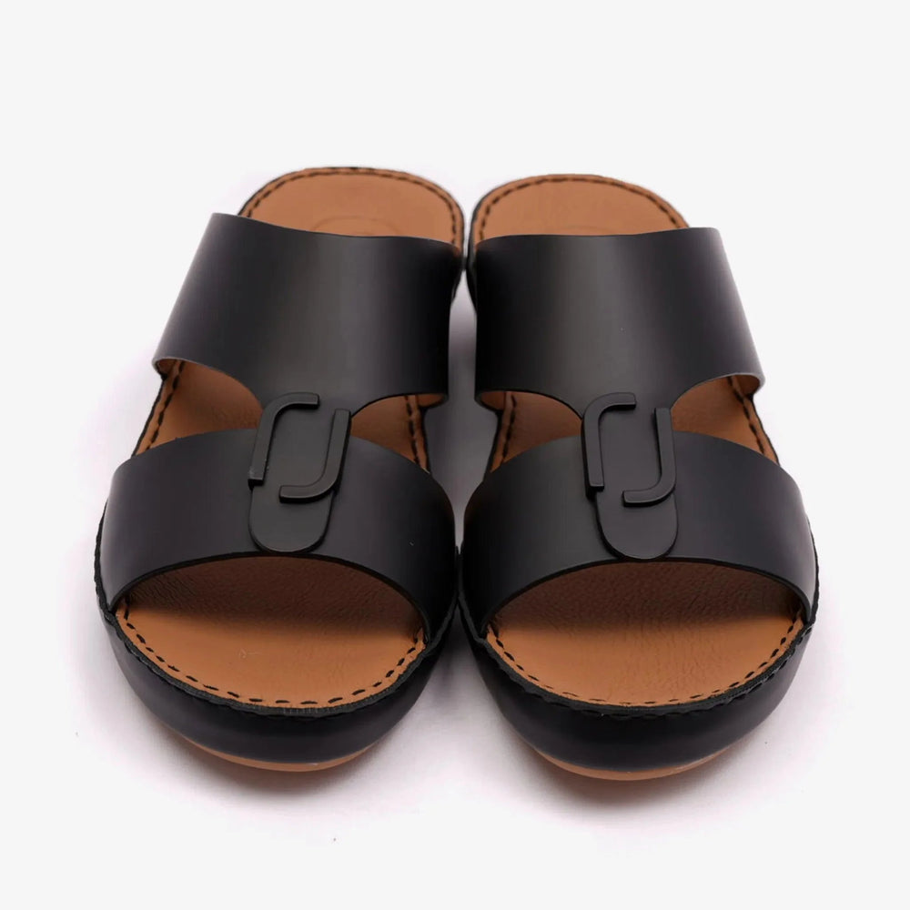 FARADA MATTE LEATHER SLIM ICONIC DOUBLE F TRIM ARABIC SANDAL BLACK - Farada