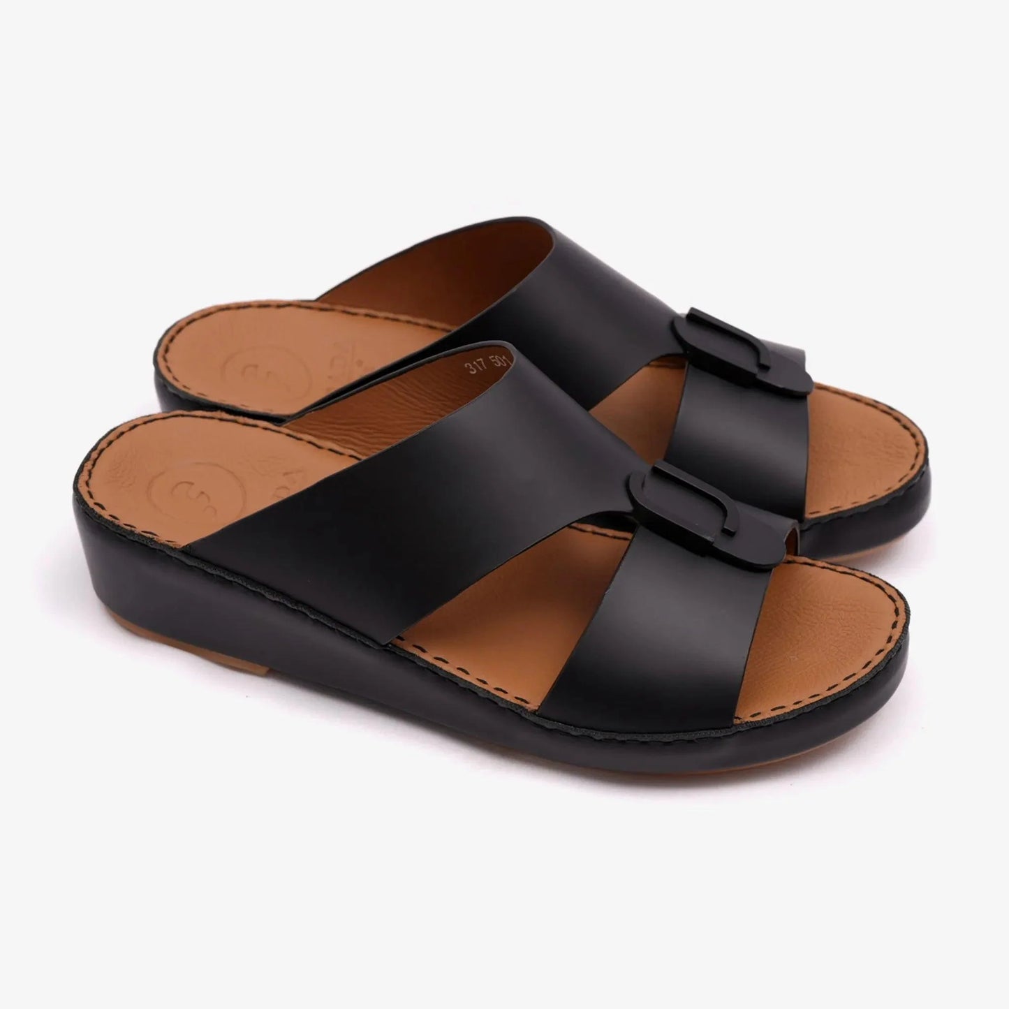 FARADA MATTE LEATHER SLIM ICONIC DOUBLE F TRIM ARABIC SANDAL BLACK - Farada