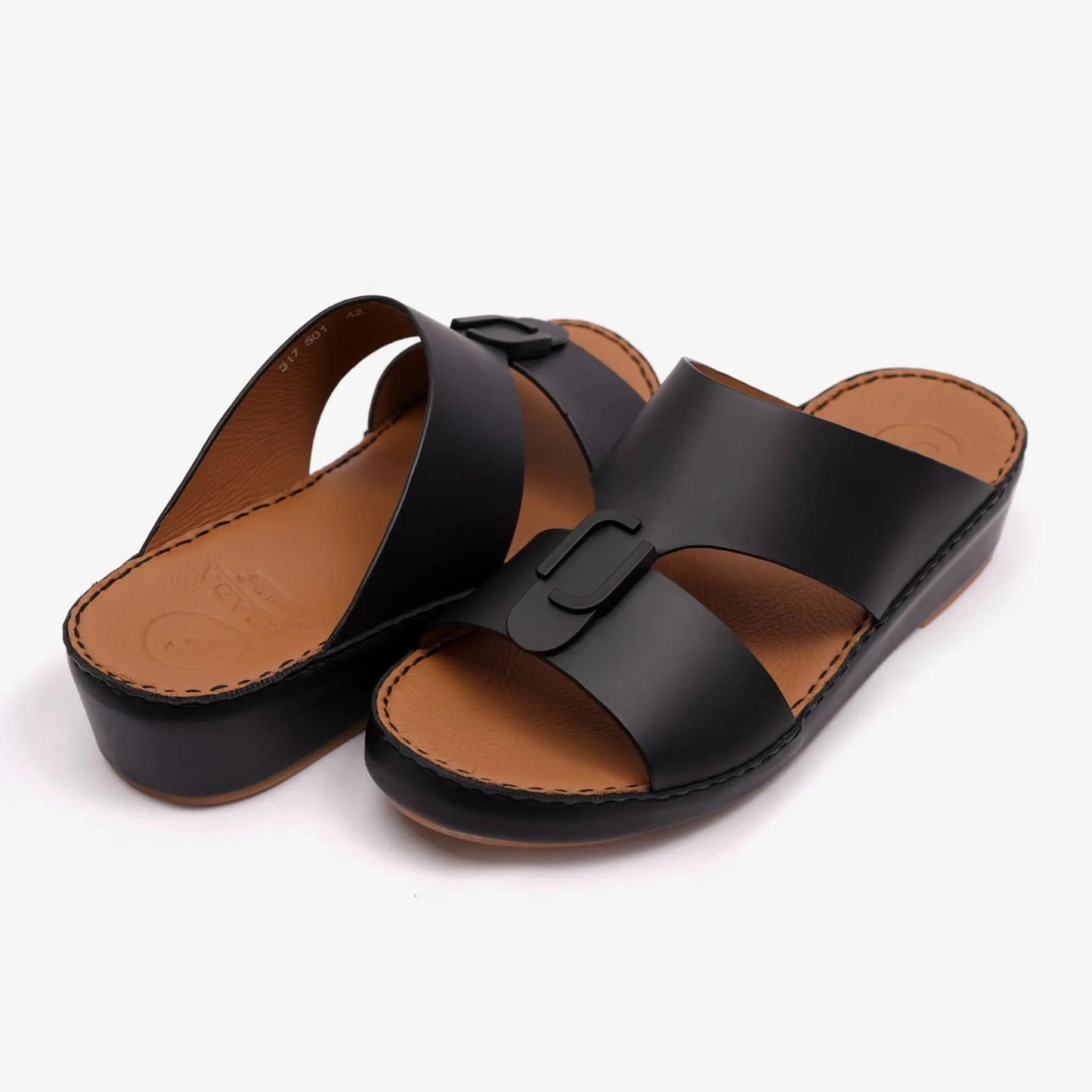 FARADA MATTE LEATHER SLIM ICONIC DOUBLE F TRIM ARABIC SANDAL BLACK - Farada