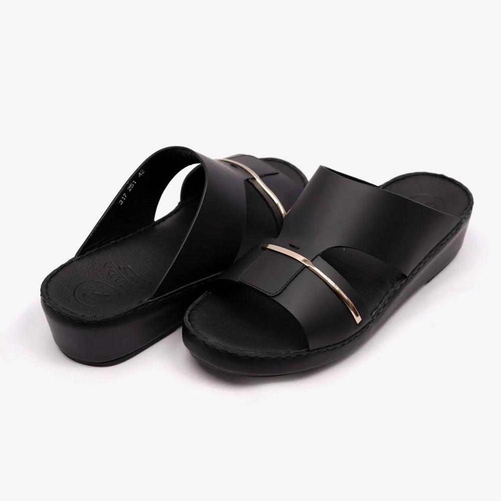 FARADA CLASSIC ARABIC SANDALS WITH GOLD THIN STRIP BLACK - Farada