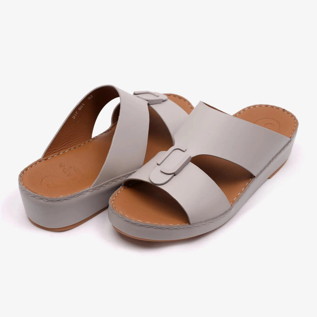 FARADA MATTE LEATHER SLIM ICONIC DOUBLE F TRIM ARABIC SANDAL LIGHT-EARTH