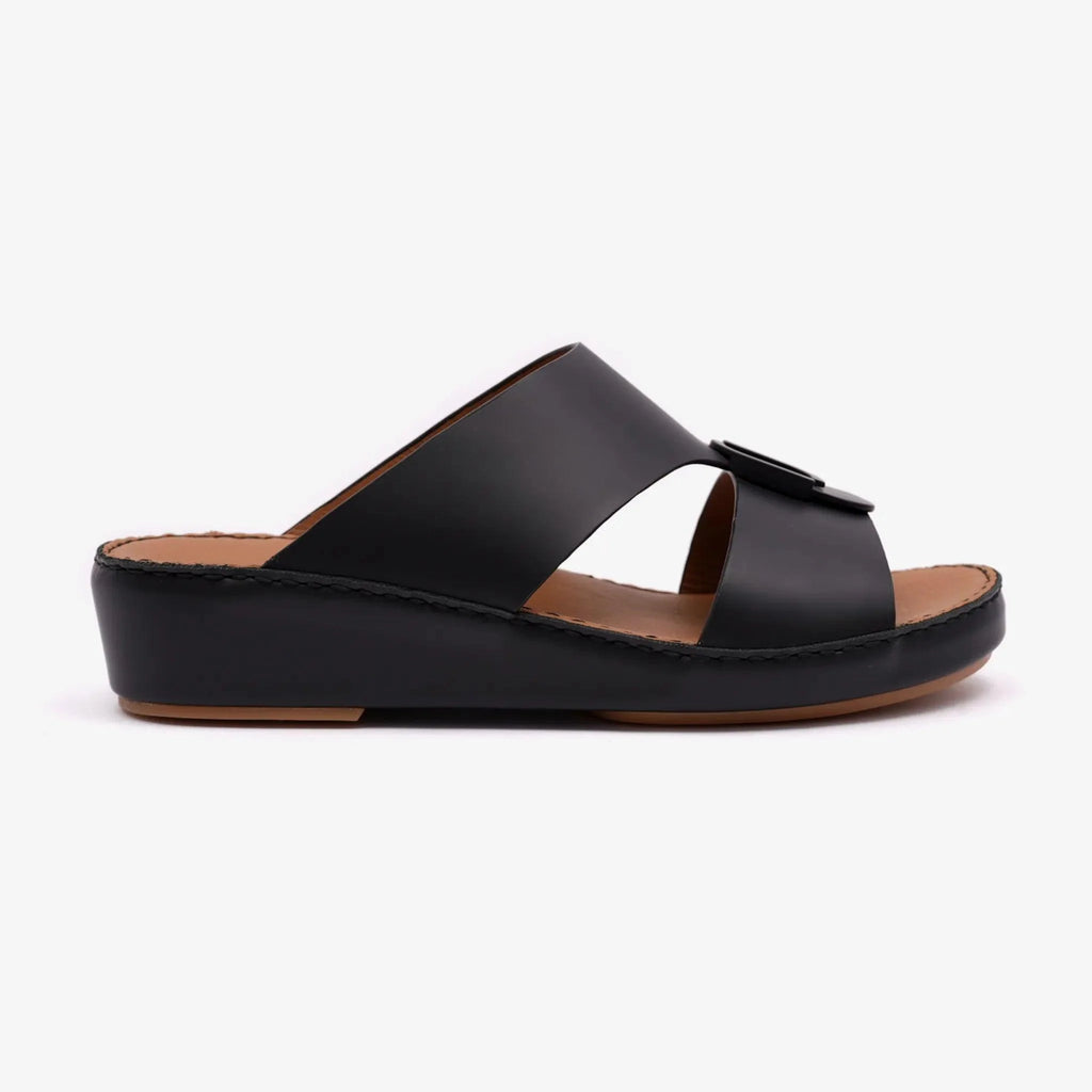 FARADA MATTE LEATHER SLIM ICONIC DOUBLE F TRIM ARABIC SANDAL BLACK