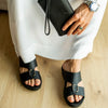 FARADA MODERN LEATHER ARABIC SANDALS WITH BRASS DOUBLE F TRIM BLACK