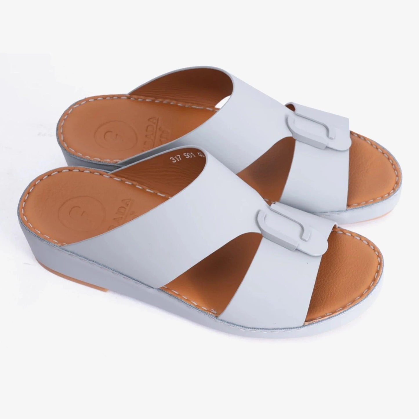 FARADA MATTE LEATHER SLIM ICONIC DOUBLE F TRIM ARABIC SANDAL LIGHT-SKY - Farada