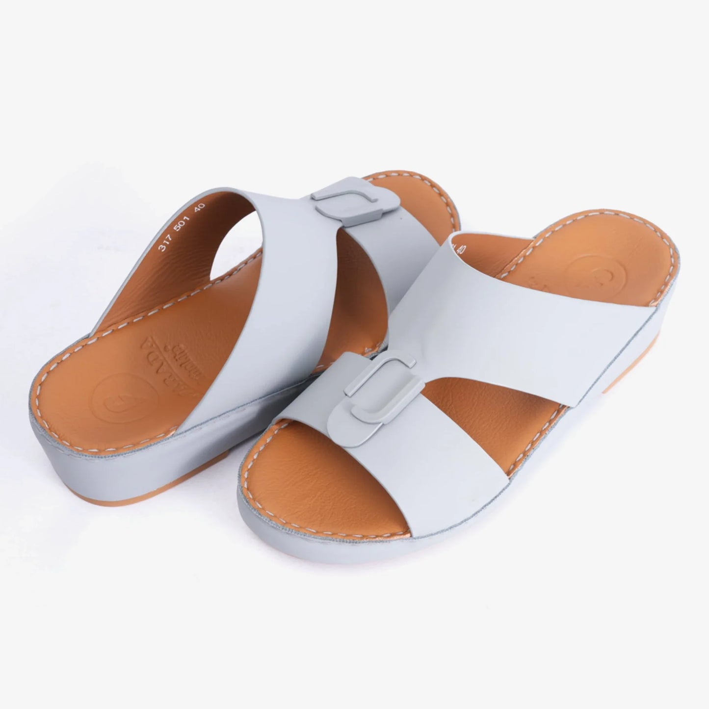 FARADA MATTE LEATHER SLIM ICONIC DOUBLE F TRIM ARABIC SANDAL LIGHT-SKY